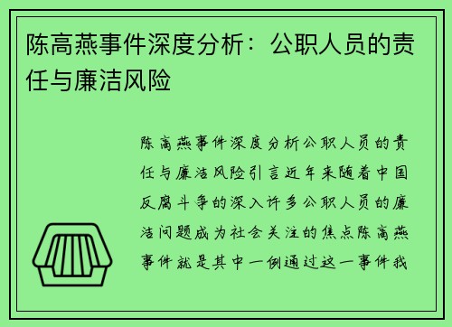 陈高燕事件深度分析：公职人员的责任与廉洁风险