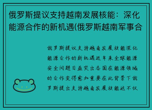 俄罗斯提议支持越南发展核能：深化能源合作的新机遇(俄罗斯越南军事合作)